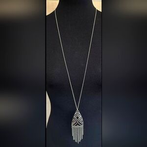 American Eagle 36” Silver Tone Aztec Fringe Triangle Pendant Chain Necklace